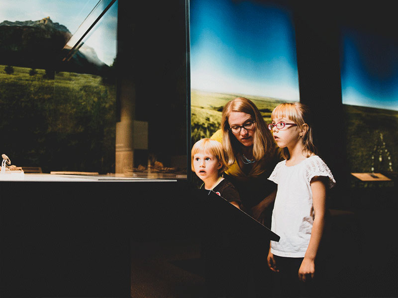 A mother and her two daughters look at an exhibit in the Human History Hall.