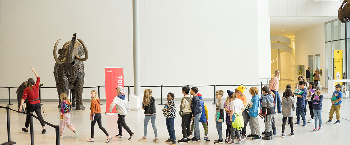 Dozens of schoolchildren walk through the museum lobby.