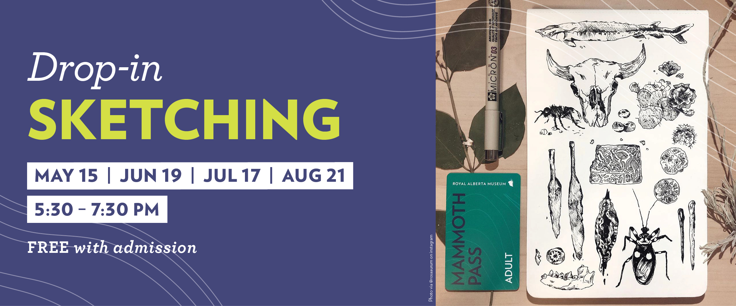 On the right is a sketch pad with multiple small Natural History sketches. On the right is a purple background with the words "Drop-In Sketching, May 15, June 19, July 17, August 21, 5:40-7:30 pm Free with Admission"
