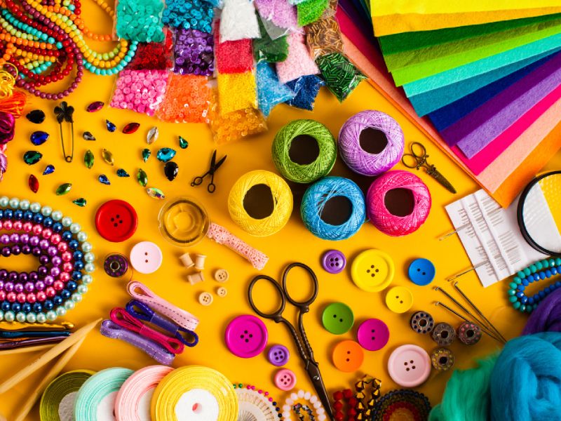 A colourful display of arts and crafts supplies