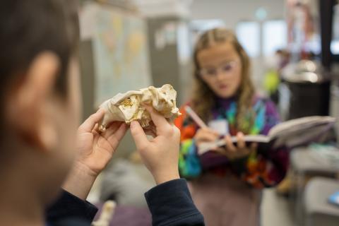 A kids hands holding a sculpture made of kinetic sand.