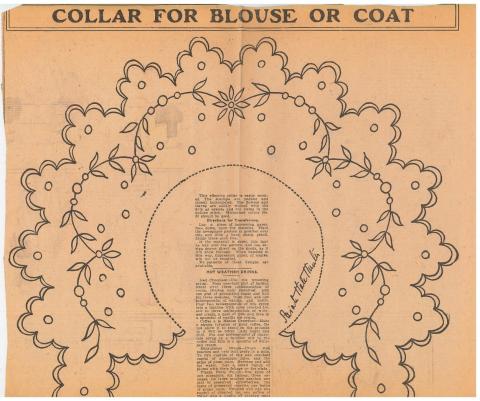 A sewing pattern titled "collar for blouse or coat". A frilled design circles around instructions for an embroidery pattern.