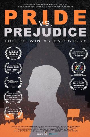 Pride vs Prejudice movie poster. A light grey profile of Delwin Vriend in the foreground, a orange profile of a crowd holding signs in the midground and a dark grey figure looming over it all in the background.