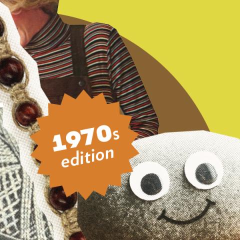 a pet rock, a woman in overalls, and a sticker that says 1970s Edition