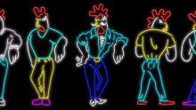 A neon-sign style illustration of five anthropomorphized roosters. The roosters are wearing stylish shirts and pants. Some look at the camera some have their backs turned.