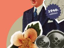 Collage featuring a pink flower a cropped image of a retro man in a tux and some buttons
