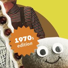 a pet rock, a woman in overalls, and a sticker that says 1970s Edition