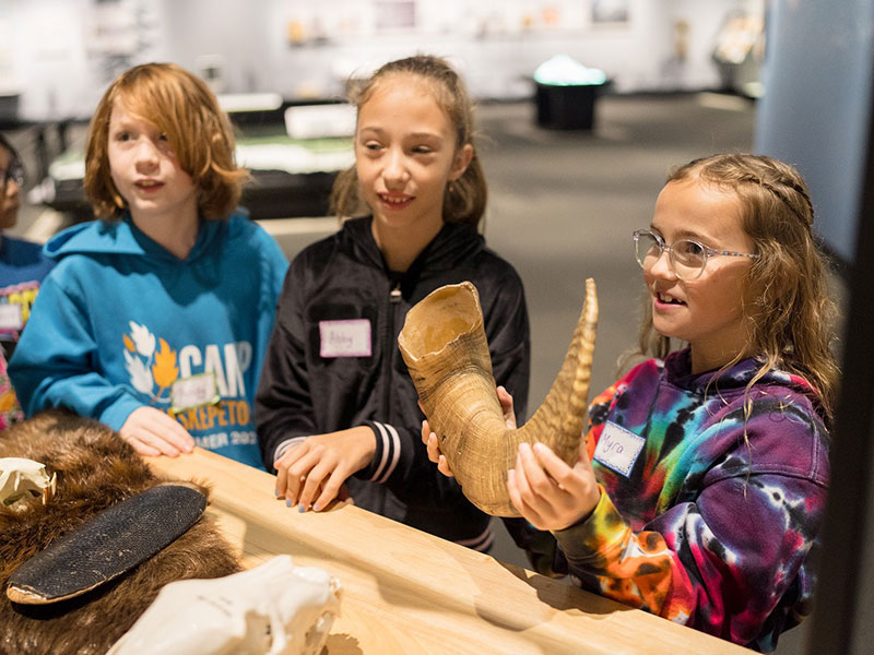 Three children learn about objects in the museum.